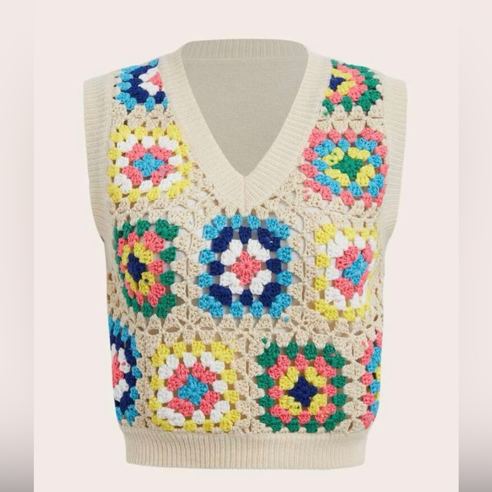 Hand crocheted vintage granny square crochet vest fits like a medium